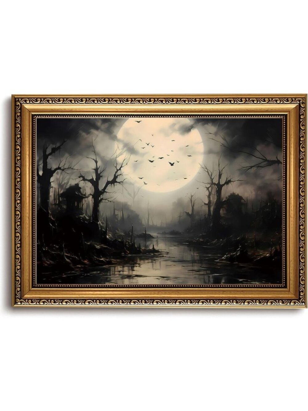 Moody Vintage Gold Framed Halloween Canvas Wall Art Print Decor